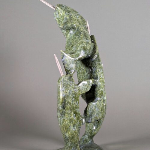 Pod of Narwhals Inuit Sculpture by Kakee Ningeoseak